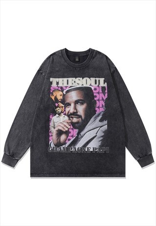 DRAKE T-SHIRT VINTAGE WASH HIP-HOP TOP RAPPER PRINT LONG TEE