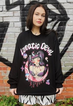 Anime girl print sweatshirt devil slogan Emo top in black