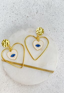 Gold Blue Evil Eye Hammered Metal Minimalist Heart  Earrings