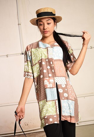 90'S RETRO ABSTRACT FLORAL PRINT PARIS CHIC BLOUSE TOP