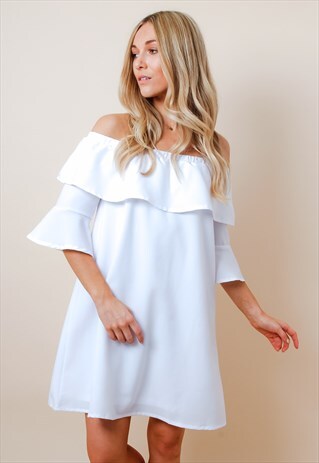 WHITE OFF SHOULDER RUFFLE DRESS