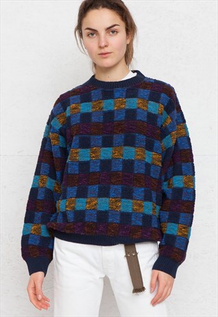 VINTAGE BLUE CREW NECK KNIT JUMPER SWEATER