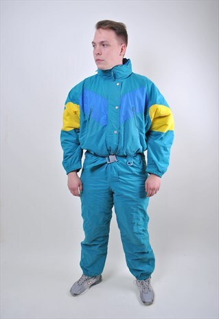 RETRO MEN GREEN SNOW SUIT, 80S MULTICOLOR UNISEX SKI SUIT