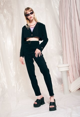 VINTAGE SUIT 90S REWORKED CROPPED BLAZER PANTS BLACK CO-ORDS