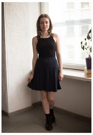 VINTAGE 90'S NAVY WOOL PLEATED MINI SKIRT