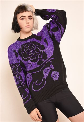 VINTAGE 80'S RETRO FLORAL PATTERN JAZZY SHIMMER KNIT JUMPER