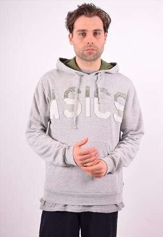 ASICS MENS VINTAGE HOODIE JUMPER LARGE GREY 90S