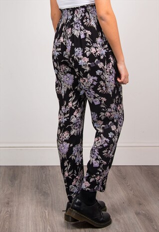 VINTAGE 90'S BLACK FLORAL PATTERN SUMMER WIDE LEG TROUSERS