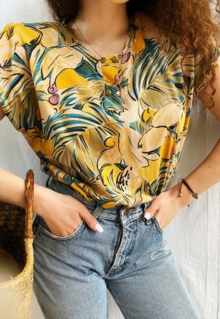 VINTAGE 80S BOTANICA TROPICAL FRUIT BLOUSE TOP TEE T-SHIRT