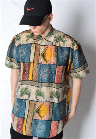 VINTAGE 80S COLOURFUL ABSTRACT SILK SHORT SLEEVE SHIRT
