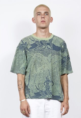 VINTAGE 90'S ARMANI GREEN JUNGLE PRINT T-SHIRT