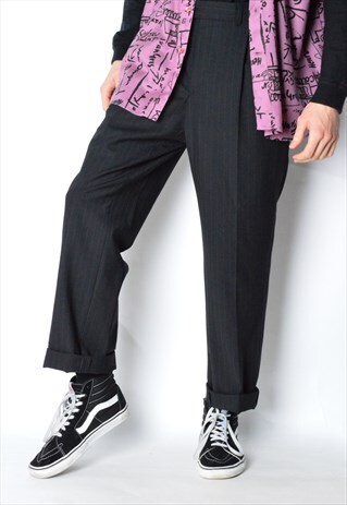 VINTAGE 90S NAVY BLUE ALMOST BLACK STRIPED WOOL BLEND PANTS