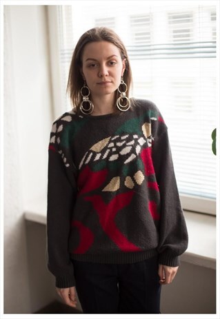 VINTAGE 80'S GREY ABSTRACT WOOL JUMPER