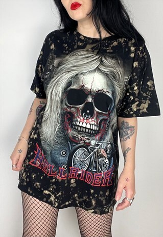 GRUNGE STYLE REWORKED BLEACH DYED BIKER GRAPHIC T-SHIRT