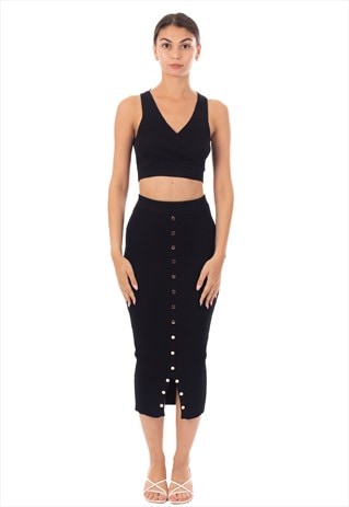 Wrap deigned sleeveless vest top and midi skirt co-ords suit