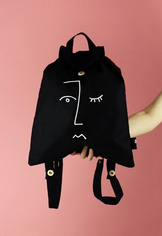 FACE LINE DRAWING PRINT COTTON BACKPACK - WHITE ON BLACK