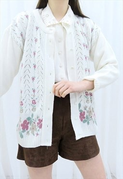 90s Vintage White & Pink Floral Cardigan (Size S)