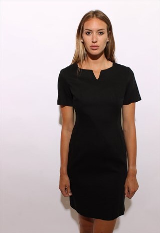 VINTAGE 1990'S 90'S BLACK TEXTURED COTTON SHIFT DRESS S-M
