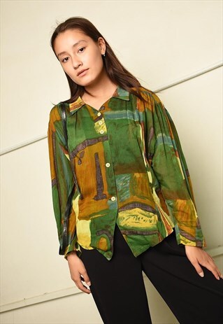 VINTAGE 80S RETRO ABSTRACT PRINT PARIS CHIC SHEER BLOUSE TOP