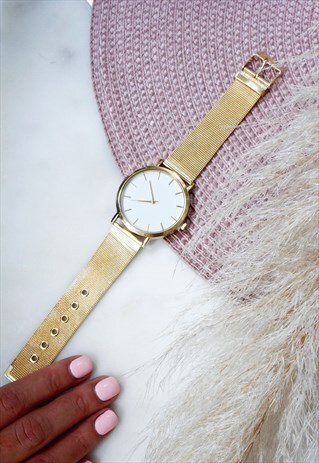 WHITE FACE GOLD METAL MESH STRAP WATCH