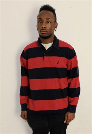 VINTAGE NAUTICA BLOCK STRIPED RUGBY SHIRT MEDIUM