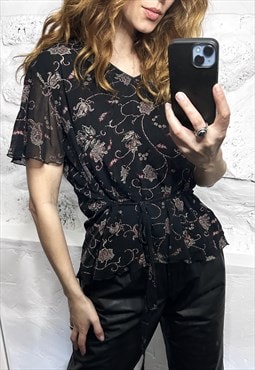 Aesthetic Black floral Waisted Blouse - M