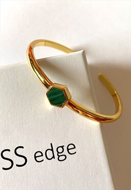 Hex Emerald Green Malachite Gold Plated Bangle Cuff