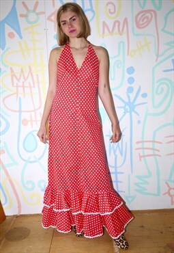 Dress Vintage 1970s Maxi Red Flamenco Polka Dot Size 10