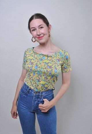 VINTAGE MULTICOLOR SUMMER BLOUSE, 90S GREEN PULLOVER SHIRT