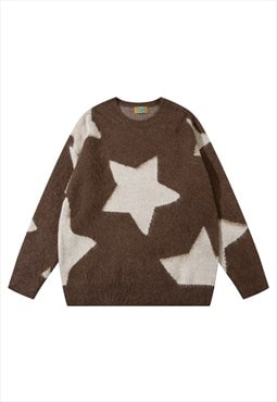 Fluffy sweater star print fleece knitted soft jumper brown