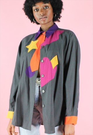 VINTAGE 90S SHIRT GEOMETRIC Y2K DARK GREY COLORFUL DETAIL