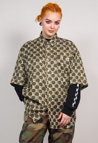 VINTAGE 90'S GREEN FLORAL CHECKED SILK OVERSIZED SHIRT