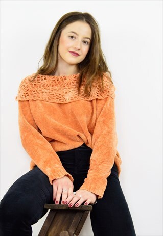 VINTAGE 90S VELOUR CROCHET NECK ORANGE KNIT JUMPER