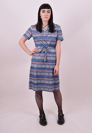 VINTAGE 70'S BLUE CRAZY PRINT GRANNY DRESS SIZE 10 12 14