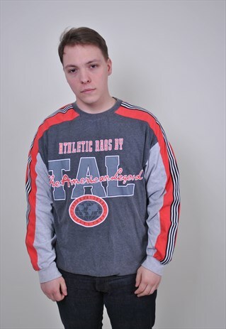 VINTAGE ORANGE GRAY SPORT SWEATSHIRT, STRIPED SLEEVE JUMPER