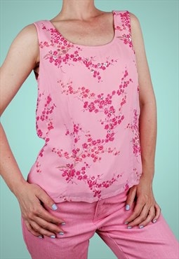 APART Vintage Y2K 2000s Vest Top Pink Cherry Flowers Sequins