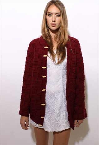 VINTAGE 1970'S 70'S CHUNKY KNIT CARDIGAN WOODEN BUTTONS M-L