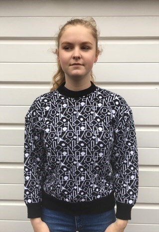 WOMENS VINTAGE 80S JUMPER BLUE ABSTRACT AZTEC PATTERNED TOP