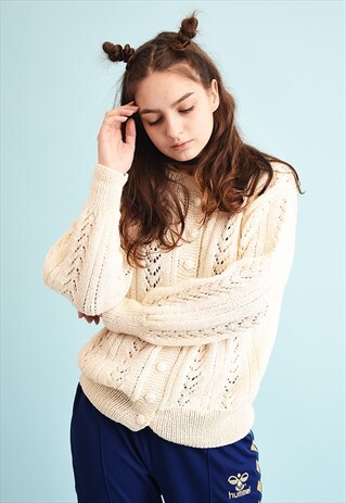 90'S RETRO NEUTRAL CREAMY MOMS CHUNKY HANDKNIT CARDIGAN