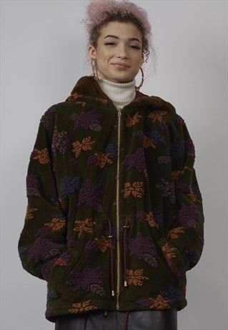 VINTAGE 70'S HOODED GREEN FLORAL TEDDY FAUX FUR COAT