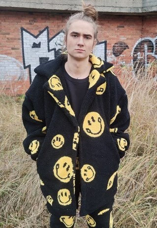 EMOJI FLEECE JACKET HANDMADE 2 IN 1 RETRO SMILE COAT BLACK