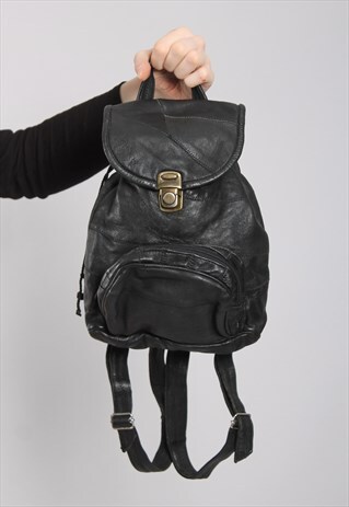 VINTAGE 90S BLACK PATCHWORK LEATHER MINI BACKPACK RUCKSACK