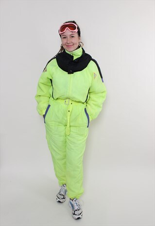 90s acid green one piece ski suit, vintage women colorful 