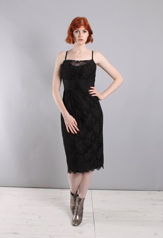 VINTAGE 80S BLACK EYELASH LACE FITTED STRAPPY PARTY DRESS