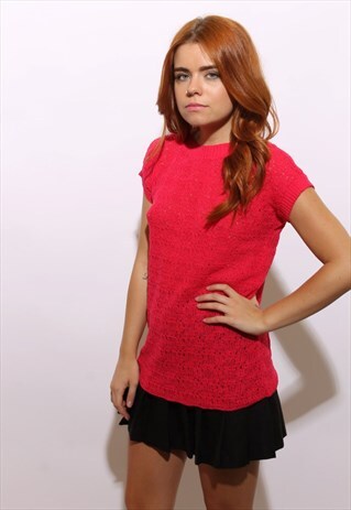 VINTAGE 1970'S 70'S BRIGHT NEON HOT PINK OPEN KNIT TOP S-M