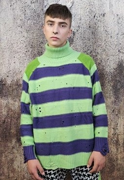 Ripped stripe sweater Zigzag jumper in acid green and purple