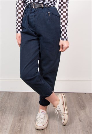 VINTAGE 90'S DARK BLUE HIGH WAIST FRAYED HEM JEANS