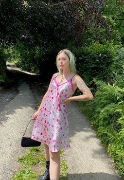 Vintage 90s Satin Polka Dot Size M Mini Slip Dress in Pink