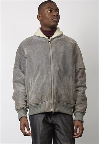 1980'S VINTAGE LIGHT GREY SHEARLING BOMBER JACKET