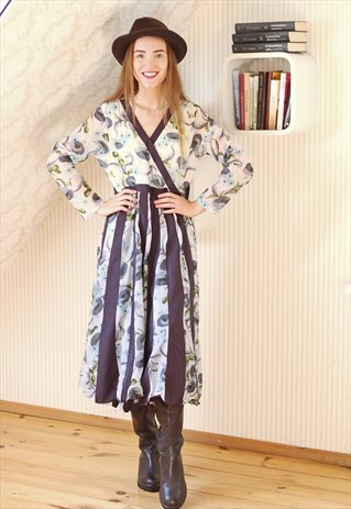 FLORAL STRIPE WRAP AROUND VINTAGE DRESS